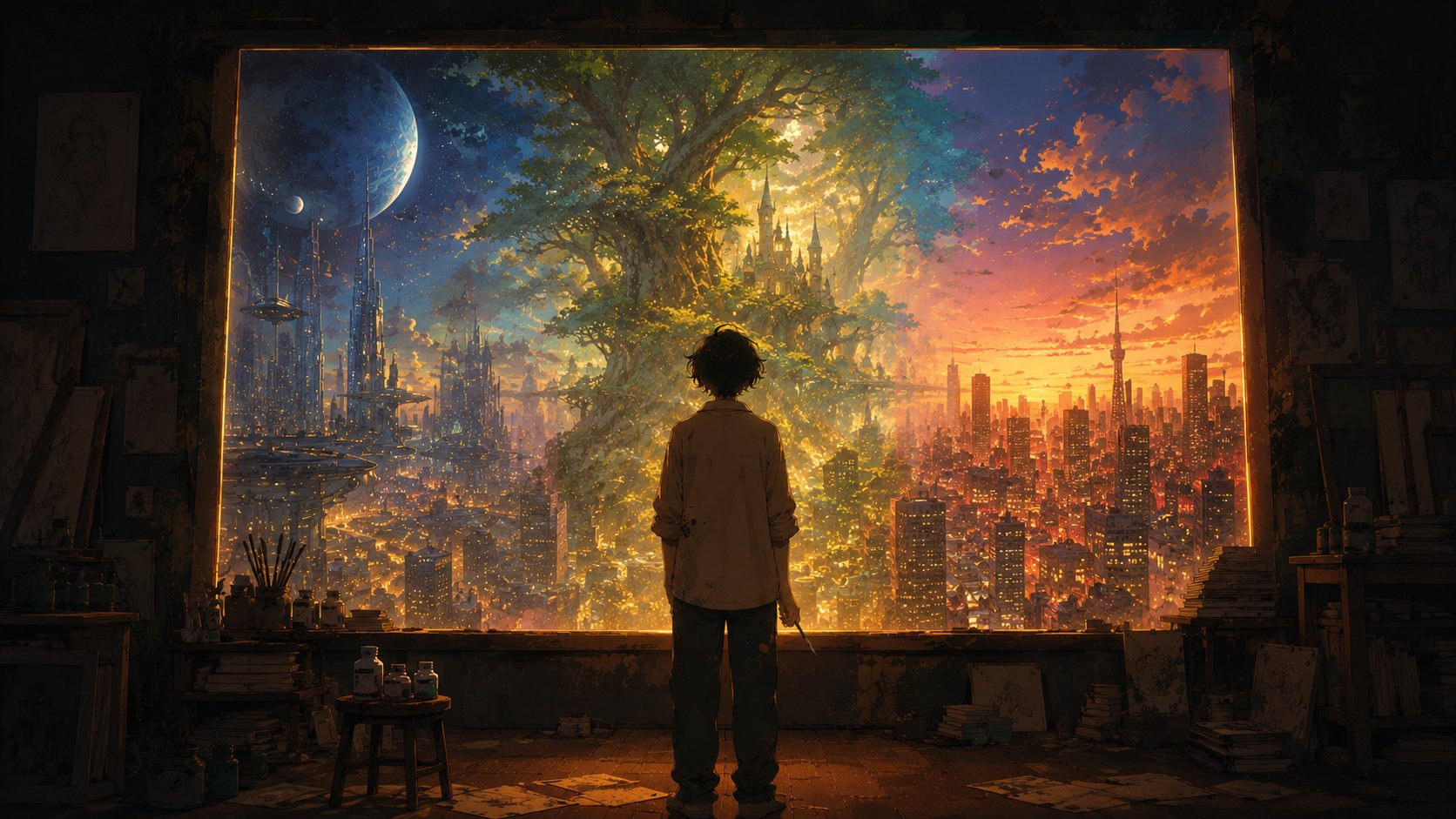 Atölyesinde, bir ucu siberpunk şehir bir ucu gün batımı olan devasa bir tuvalin karşısında duran ressam.